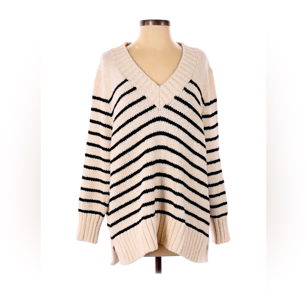 ZARA Comfy Striped Knit Korean Style Layering Oversized V-neck Sweater - Small